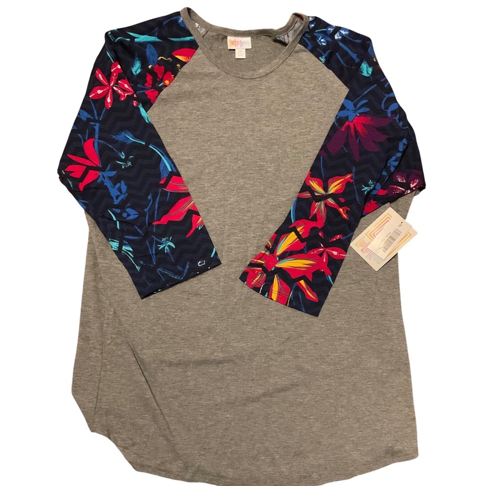 LuLaRoe Randy Baseball Tee 2XL Gray Navy Floral Chevron 3/4 Sleeve Raglan NWT